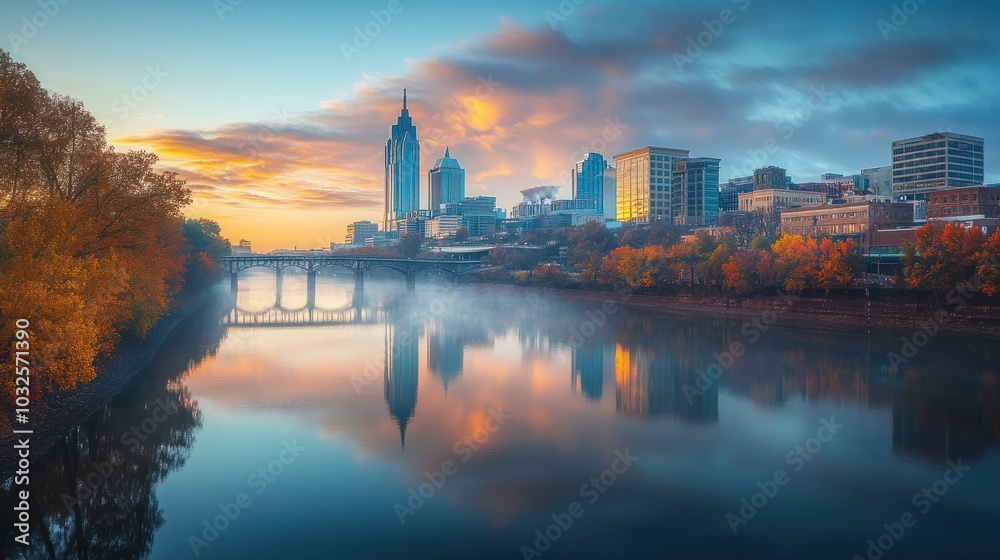 A serene view of the Cumberland River flowing through Nashville Tennessee during a crisp fall morning, serene, calm, stock image, flowing, fall, river, autumn, reflection, landscape A serene view of the Cumberland River flowing through Nashville Tennessee during a crisp fall morning, serene, calm, stock image, flowing, fall, river, autumn, reflection, landscape