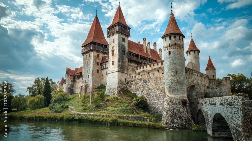 Obraz premium Well-preserved medieval castle with a moat, capturing the essence of history