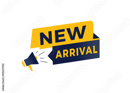 New arrival label or tag, vector banner element. modern design with megaphone icon.