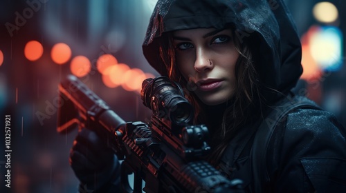 Female Soldier in a City