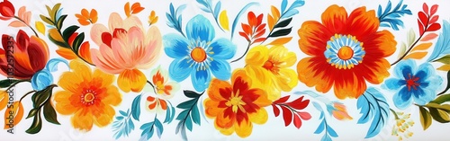 Colorful Petrykivka painting featuring vibrant flowers on a white background that captures traditional Ukrainian artistry and craftsmanship