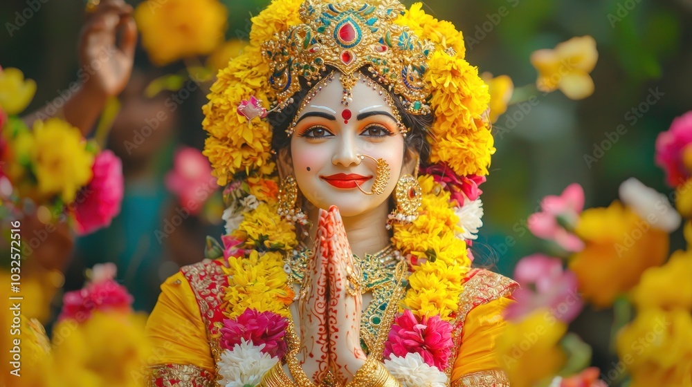 Goddess Laxmi portrait LAKSHMI Beautiful Hindu goddess with golden lotus and colorful flower garlands, holy face with happy smile, wearing yellow dress with red border on chest, full body with detaile Goddess Laxmi portrait LAKSHMI Beautiful Hindu goddess with golden lotus and colorful flower garlands, holy face with happy smile, wearing yellow dress with red border on chest, full body with detaile