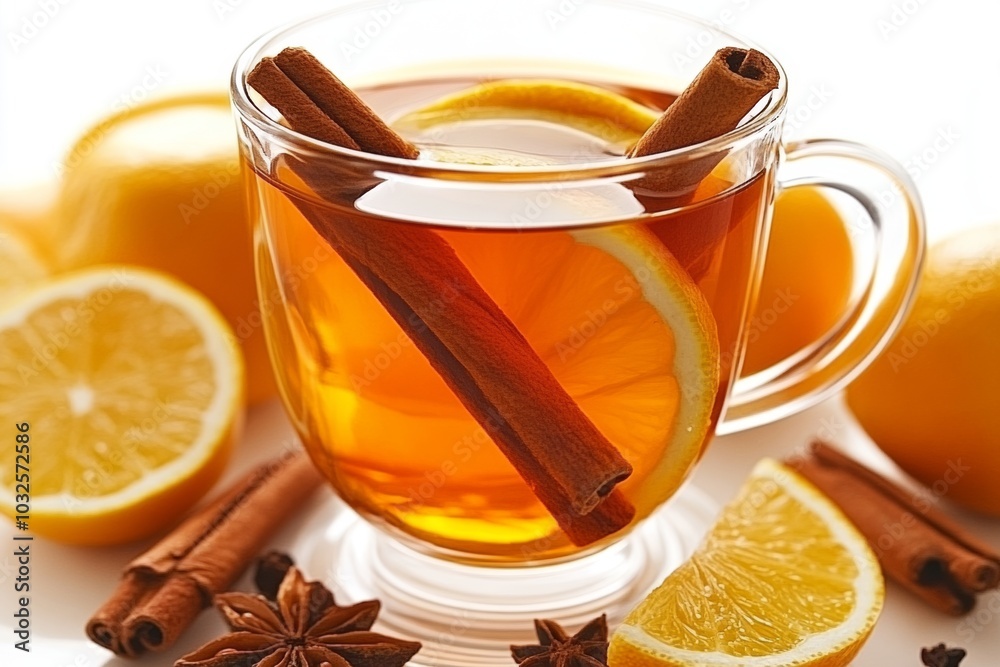 A warm cup of tea with cinnamon sticks and lemon slices, perfect for a cozy winter day. A warm cup of tea with cinnamon sticks and lemon slices, perfect for a cozy winter day.