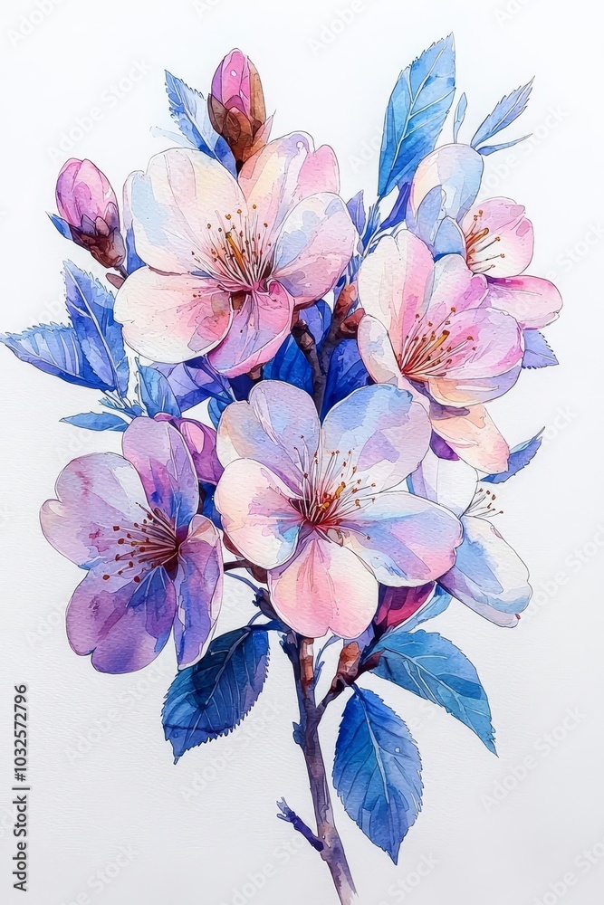 Beautiful watercolor blossom flowers on white isolated background. Beautiful watercolor blossom flowers on white isolated background.