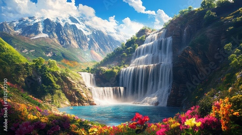Fototapeta Naklejka Na Ścianę i Meble -  A stunning tiered waterfall flows gracefully through a vibrant, lush mountain valley, surrounded by greenery and colorful flowers, presenting a breathtaking natural scene.