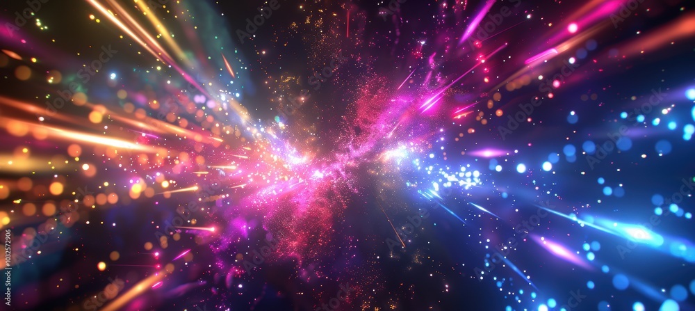 Neon Fireworks and Light Trails Against Starry Sky for Youthful New Year's Celebration Designs
