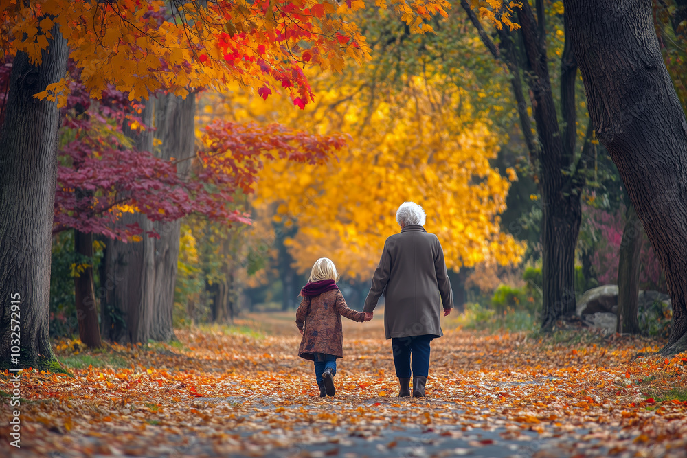 Fototapeta premium Grandmother and granddaughter walking hand in hand through a park with colorful autumn leaves around them.