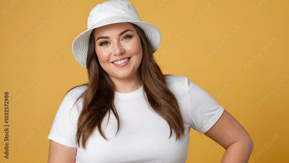 Plus size woman wearing white t-shirt and white bucket hat isolated on yellow background Plus size woman wearing white t-shirt and white bucket hat isolated on yellow background