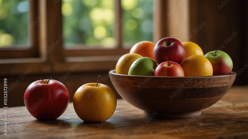 A vibrant bowl filled with fresh fruit sits on a rustic wooden table, adding a splash of color to a sunlit, cheerful kitchen space. A vibrant bowl filled with fresh fruit sits on a rustic wooden table, adding a splash of color to a sunlit, cheerful kitchen space.