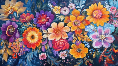 Vibrant Petrykivka painting featuring a colorful arrangement of flowers on a dark blue background