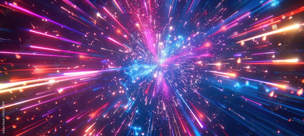 Fototapeta premium Vibrant Neon Fireworks Burst Against Dark Sky Creating a Festive New Year Atmosphere