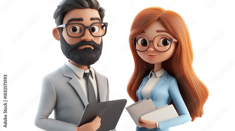 Cartoon Business Couple Holding Tablet and Documents Cartoon Business Couple Holding Tablet and Documents