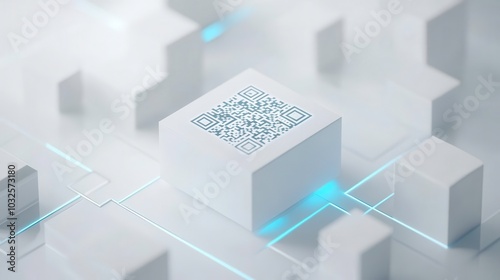 3D QR code on a white geometric background, futuristic design.