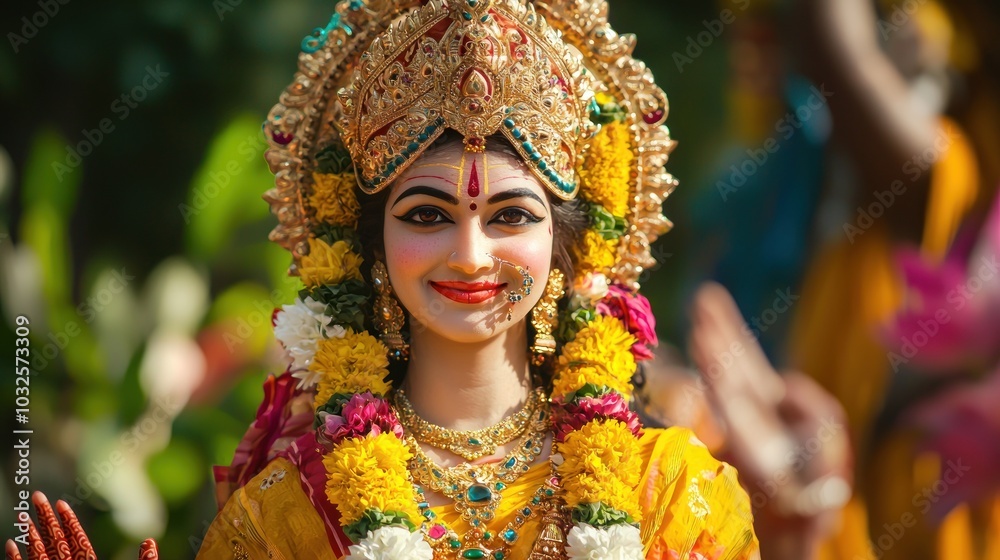 Fototapeta premium Goddess Laxmi portrait LAKSHMI Beautiful Hindu goddess with golden lotus and colorful flower garlands, holy face with happy smile, wearing yellow dress with red border on chest, full body with detaile