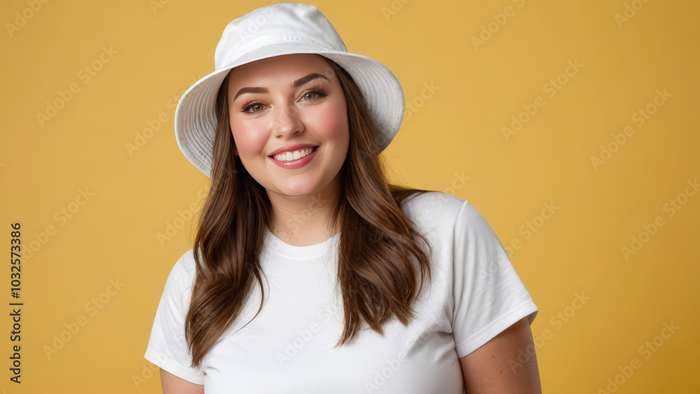 Plus size woman wearing white t-shirt and white bucket hat isolated on yellow background Plus size woman wearing white t-shirt and white bucket hat isolated on yellow background
