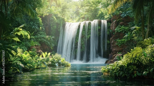 A tropical waterfall surrounded by lush vegetation.