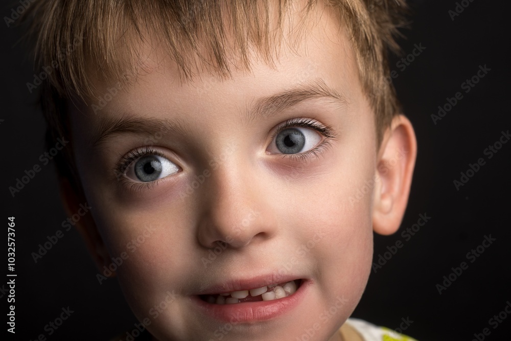Portrait of a boy with wide-open blue eyes and a gentle smile, captured in sharp detail with a dark, minimalist background that emphasizes his facial expression Portrait of a boy with wide-open blue eyes and a gentle smile, captured in sharp detail with a dark, minimalist background that emphasizes his facial expression