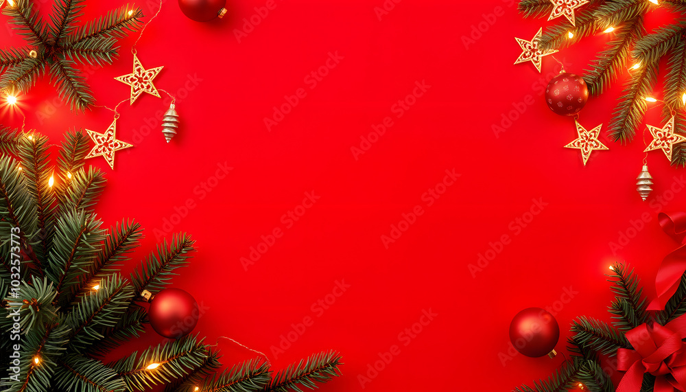 Christmas border / frame. Fir tree, stars, balls and magic lights on red background . Atmospheric frame, place for text or your product. Christmas flatlay style, mockup isolated with white highlight Christmas border / frame. Fir tree, stars, balls and magic lights on red background . Atmospheric frame, place for text or your product. Christmas flatlay style, mockup isolated with white highlight