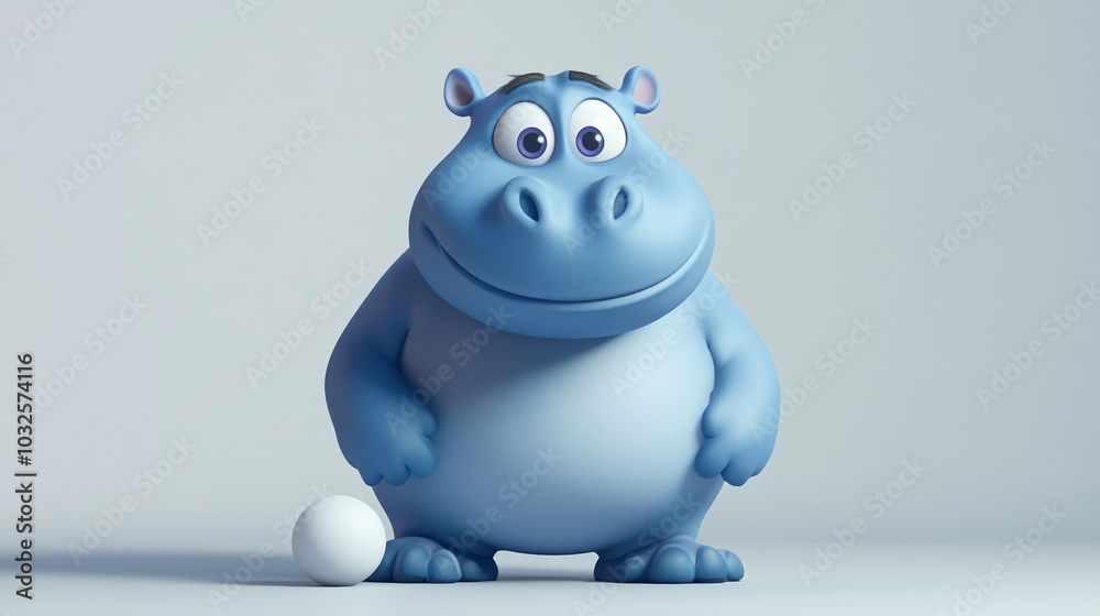 Cute Blue Hippo Cartoon Character With White Sphere Cute Blue Hippo Cartoon Character With White Sphere