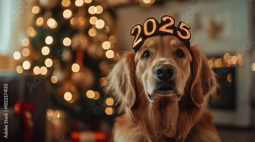 Retriver dog celebrates the beginning of new year 2025 in a golden headband. Christmas Eve. postcard funny greeting card.