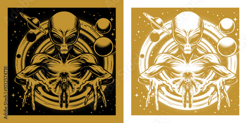 astronaut with and a scary alien and a planet