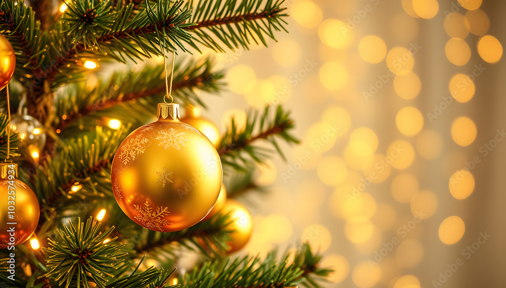 Christmas Tree With gold Baubles close-up against backdrop of golden sparkling Christmas lights. Wide format banner. Background with atmosphere of celebration and magic isolated with white highlight Christmas Tree With gold Baubles close-up against backdrop of golden sparkling Christmas lights. Wide format banner. Background with atmosphere of celebration and magic isolated with white highlight