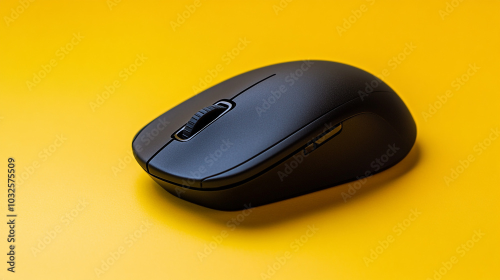 Black Wireless Computer Mouse on Yellow Background Black Wireless Computer Mouse on Yellow Background