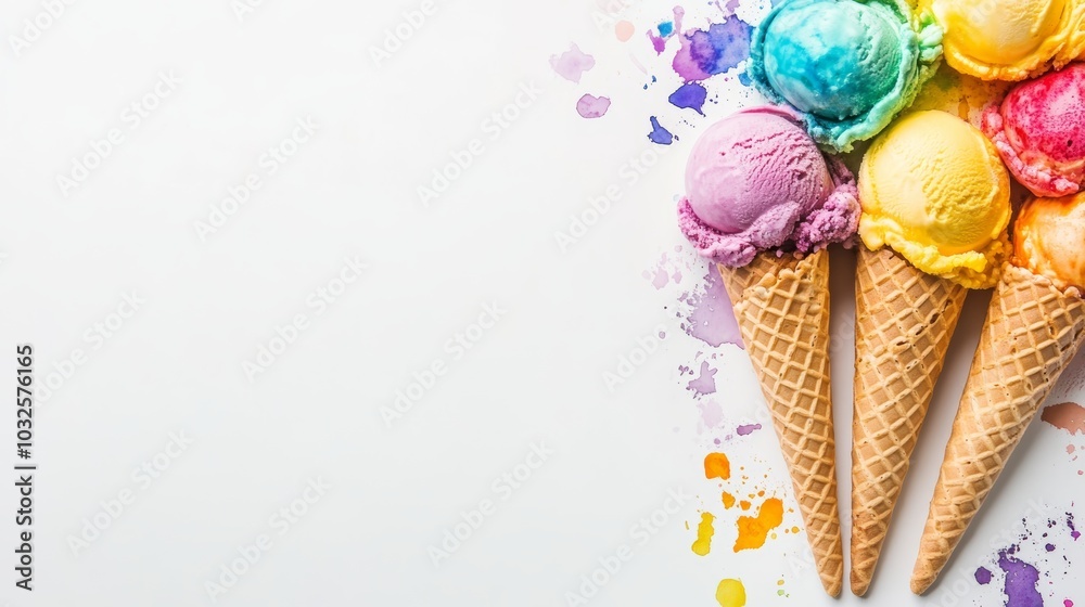 Colorful ice cream scoops on white, a refreshing summer treat photography refreshing