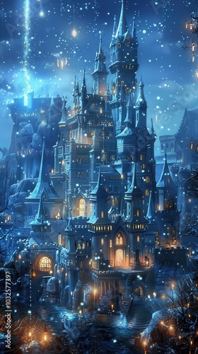 A magical New Year's Eve celebration at a fantasy castle under a starry night sky with sparkling fireworks and glistening snow