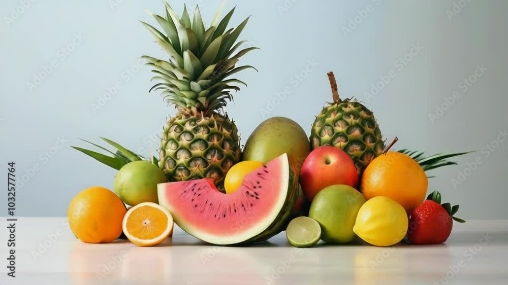 Assortment of Fresh Fruits on White Table , 4K Ultra HD footage Perfect for Professional Projects, tech presentations, product showcases and profe Assortment of Fresh Fruits on White Table , 4K Ultra HD footage Perfect for Professional Projects, tech presentations, product showcases and profe
