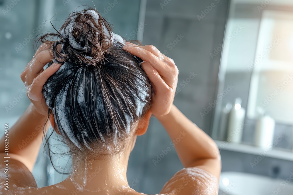 Fototapeta premium back of a women putting shampoo to greasy oil hair in bun