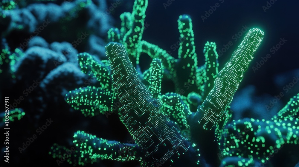 Fototapeta premium Complex green coral lit with digital circuit patterns.