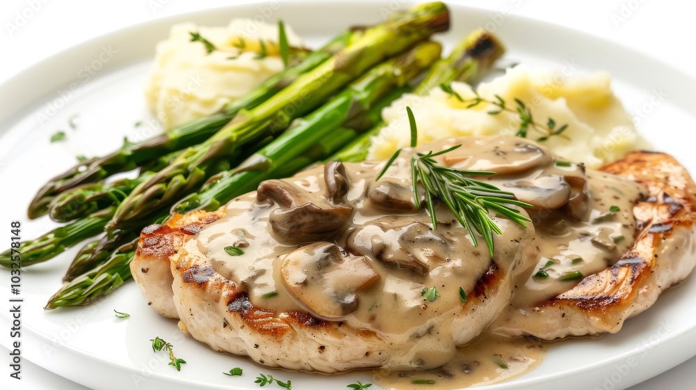 Veal escalope with mushroom sauce, mashed potatoes, and grilled asparagus on a clean white background. Veal escalope with mushroom sauce, mashed potatoes, and grilled asparagus on a clean white background.