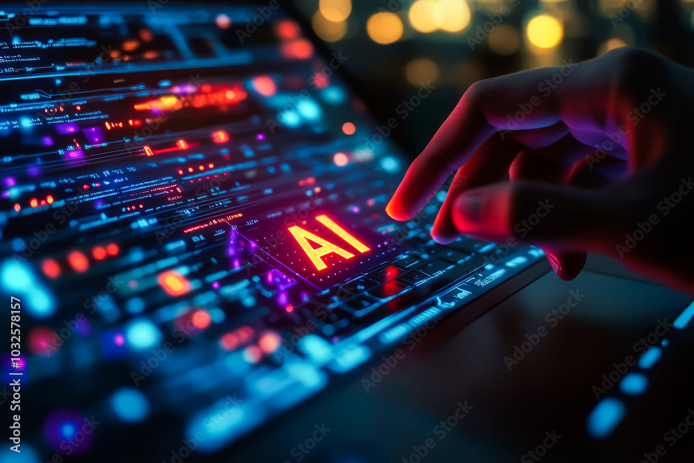 Obraz premium Creating the future: programmer controls artificial intelligence. 