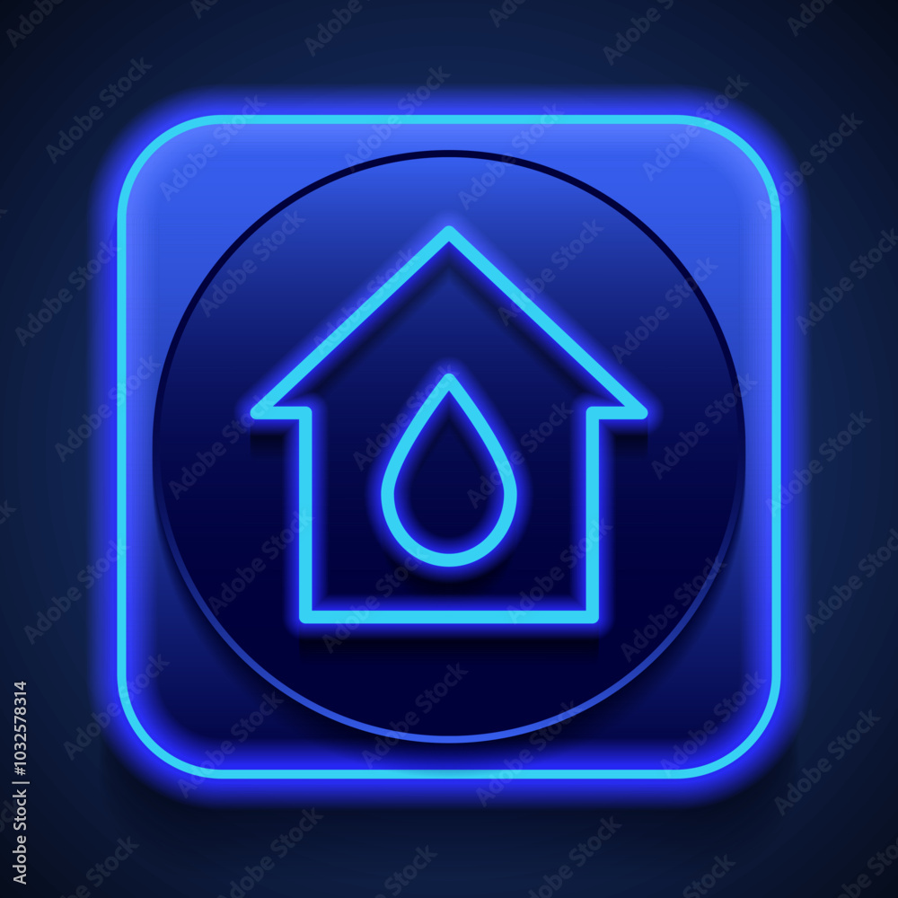 Water drop, house simple icon vector. Flat design. Blue neon style on button. With shadow Water drop, house simple icon vector. Flat design. Blue neon style on button. With shadow
