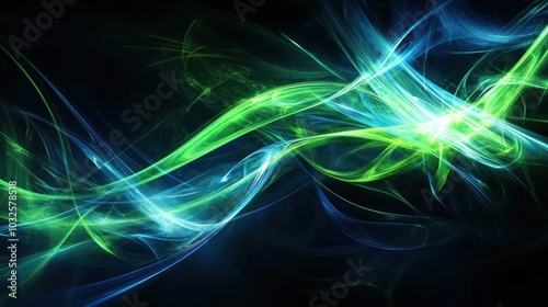 Abstract digital artwork featuring flowing lines in green and blue hues.