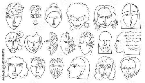 Women faces hand drawn minimal continuous one line. Minimalist Simple Linear vector illustration set of woman portraits design.