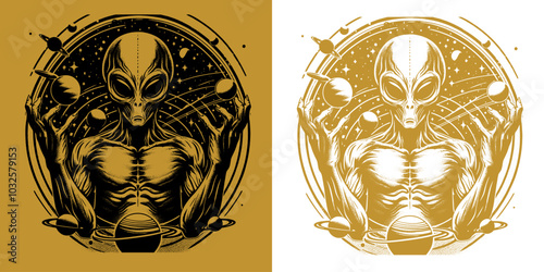 planet with alien vintage design