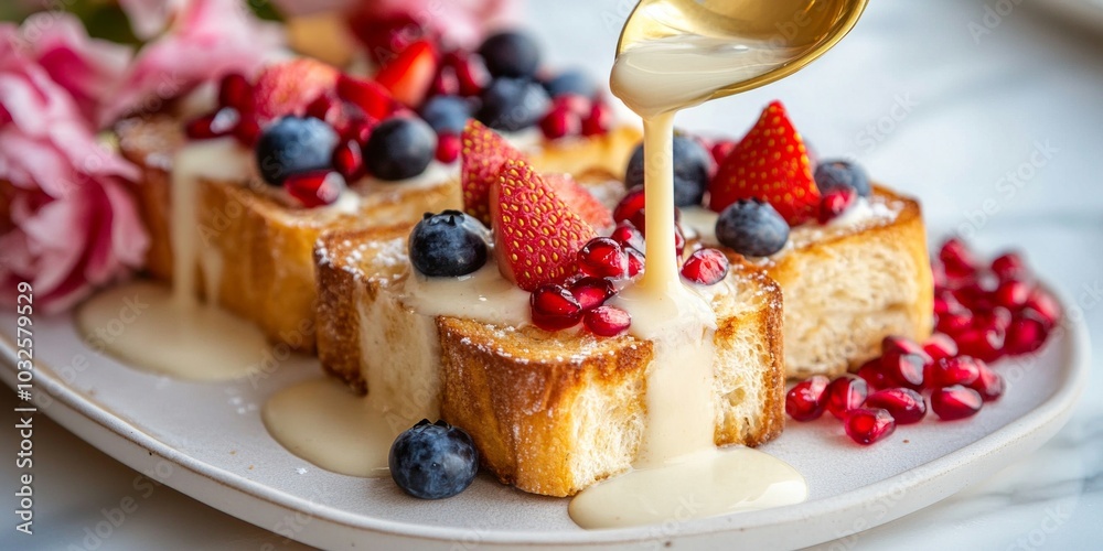Deliciously crafted French toast topped with fresh strawberries and blueberries. A drizzle of creamy sauce adds a touch of indulgence. Perfect for breakfast or brunch. AI Deliciously crafted French toast topped with fresh strawberries and blueberries. A drizzle of creamy sauce adds a touch of indulgence. Perfect for breakfast or brunch. AI