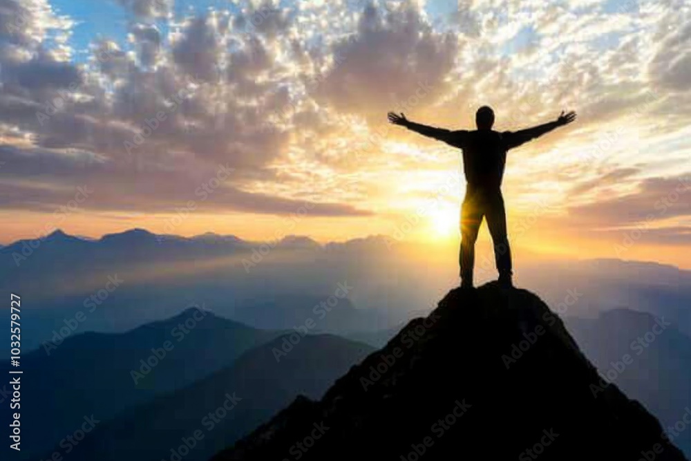 Silhouette of a Person on Mountain Peak at Sunrise Silhouette of a Person on Mountain Peak at Sunrise