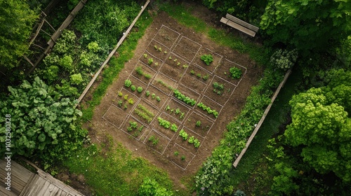 Preparing a vegetable garden with carefully plotted rows for planting in an outdoor space surrounded by greenery