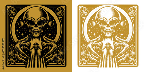 a card of alien and astronaut design