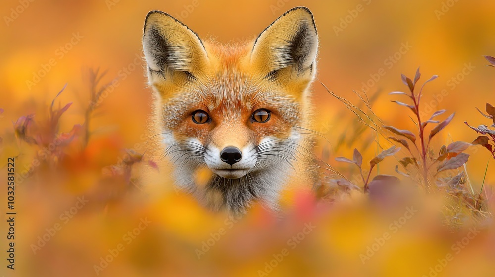 A close-up of a fox amidst autumn foliage. A close-up of a fox amidst autumn foliage.