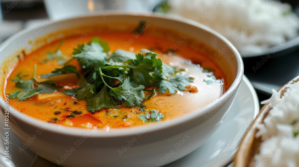 Close-up: A vibrant bisque highlighting rich texture and colors, infused with lemongrass and ginger, garnished with cilantro, served with fragrant jasmine rice Close-up: A vibrant bisque highlighting rich texture and colors, infused with lemongrass and ginger, garnished with cilantro, served with fragrant jasmine rice
