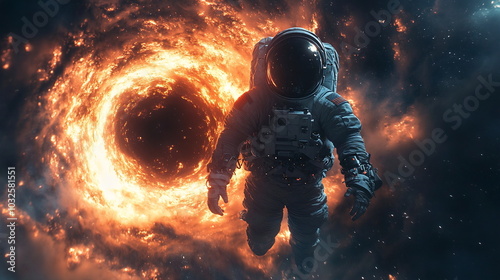 Astronaut Confronts Cosmic Abyss Near Swirling Black Hole