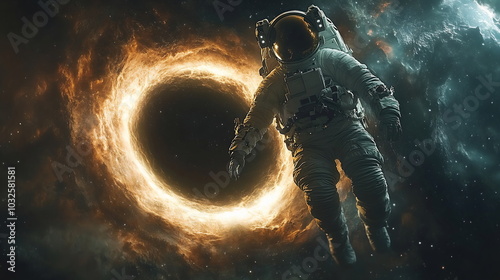 Astronaut Confronts Cosmic Abyss Near Swirling Black Hole