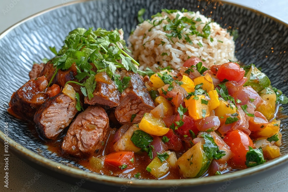 A Plate of Meat, Rice, and Vegetable Medley A Plate of Meat, Rice, and Vegetable Medley