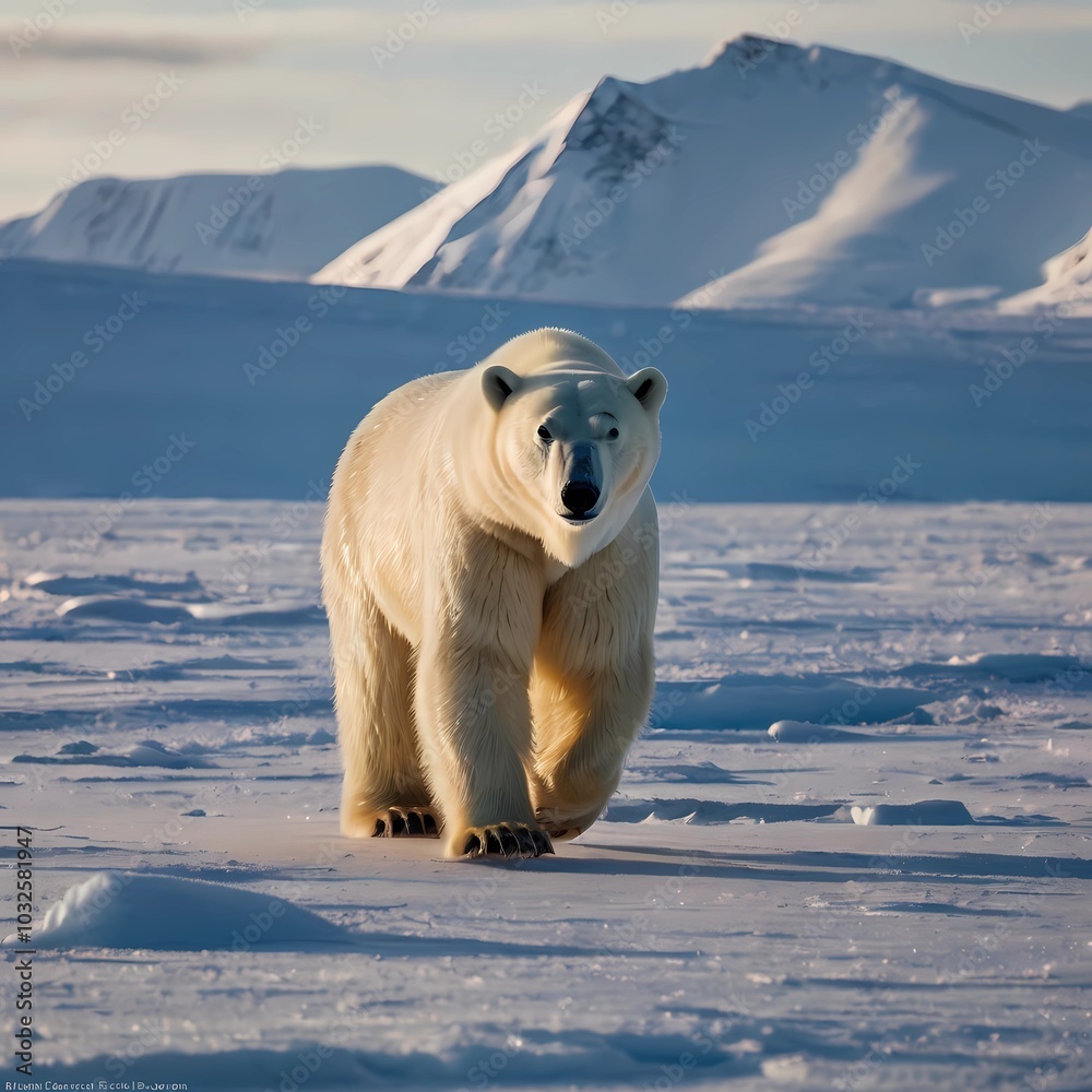 Hyper realistic image of a polar bear walking across a vast, snowy expanse. Hyper realistic image of a polar bear walking across a vast, snowy expanse.