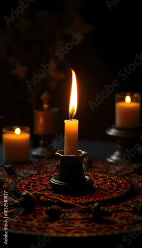 Magical attribute on a table, witchcraft concept, Candle fire, Spells and other rituals isolated with white highlights, png