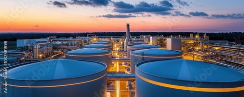 Industrial facility at sunset with storage tanks and infrastructure